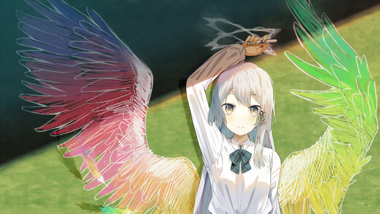 Wallpaper girl, schoolgirl, board, wings, anime, art, cartoon