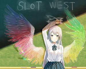 Preview wallpaper girl, schoolgirl, board, wings, anime, art, cartoon