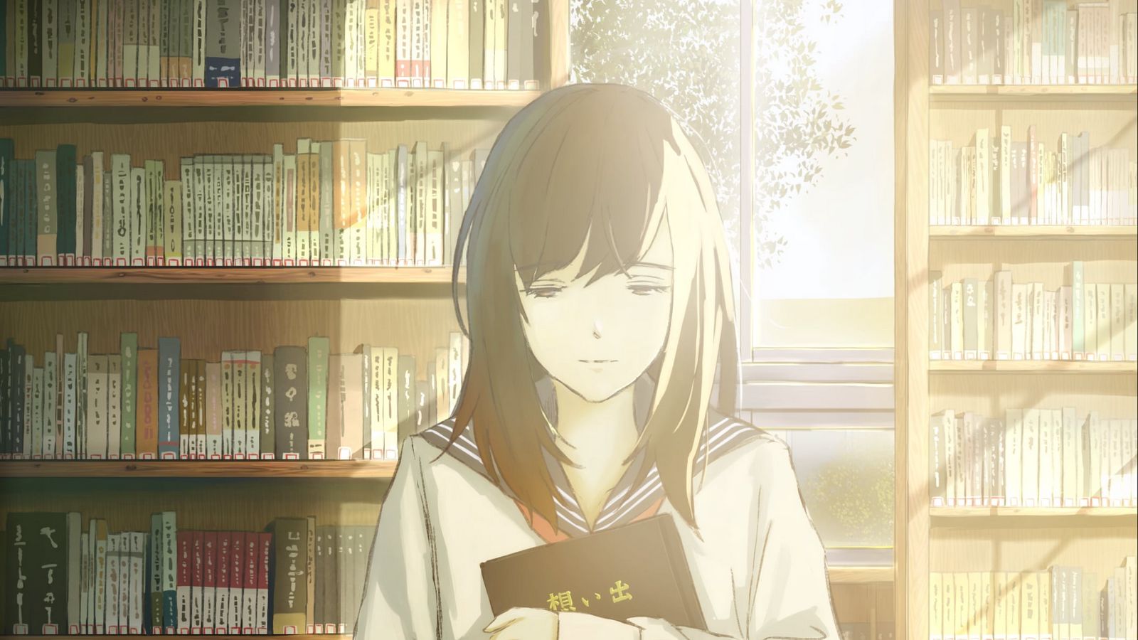 Download wallpaper 1600x900 girl, schoolgirl, books, library, anime  widescreen 16:9 hd background