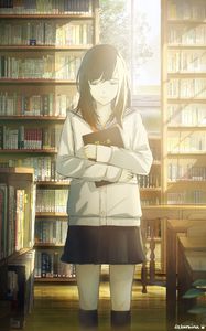 Preview wallpaper girl, schoolgirl, books, library, anime