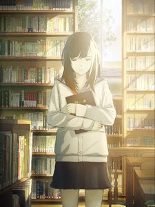 Preview wallpaper girl, schoolgirl, books, library, anime