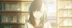 Preview wallpaper girl, schoolgirl, books, library, anime