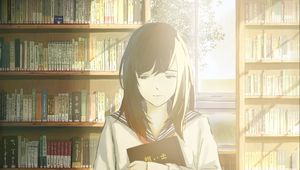 Preview wallpaper girl, schoolgirl, books, library, anime