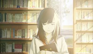 Preview wallpaper girl, schoolgirl, books, library, anime