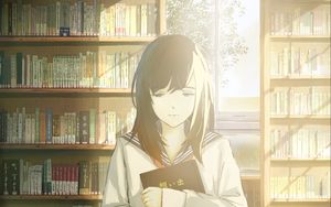 Preview wallpaper girl, schoolgirl, books, library, anime