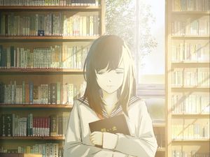 Preview wallpaper girl, schoolgirl, books, library, anime