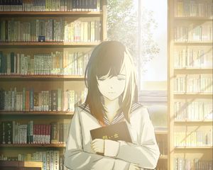 Preview wallpaper girl, schoolgirl, books, library, anime