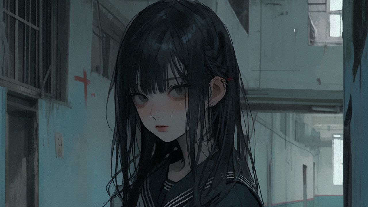 Wallpaper girl, schoolgirl, building, sad, anime
