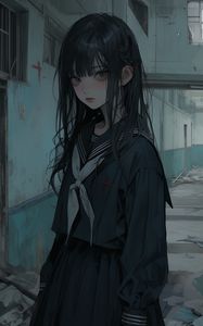 Preview wallpaper girl, schoolgirl, building, sad, anime