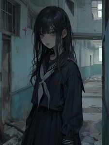 Preview wallpaper girl, schoolgirl, building, sad, anime