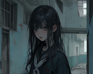 Preview wallpaper girl, schoolgirl, building, sad, anime
