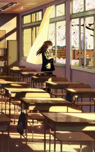 Preview wallpaper girl, schoolgirl, desks, sakura, anime