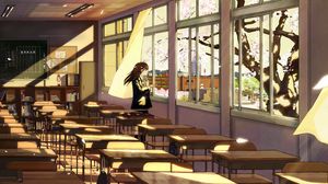 Preview wallpaper girl, schoolgirl, desks, sakura, anime