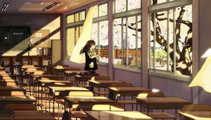 Preview wallpaper girl, schoolgirl, desks, sakura, anime