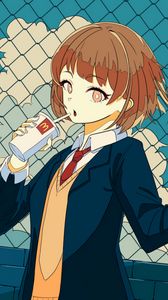 Preview wallpaper girl, schoolgirl, drink, cup, anime