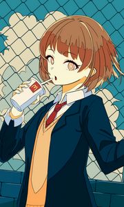 Preview wallpaper girl, schoolgirl, drink, cup, anime