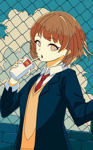 Preview wallpaper girl, schoolgirl, drink, cup, anime