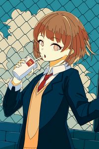 Preview wallpaper girl, schoolgirl, drink, cup, anime