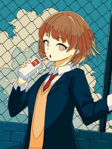 Preview wallpaper girl, schoolgirl, drink, cup, anime