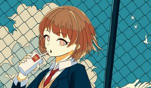 Preview wallpaper girl, schoolgirl, drink, cup, anime