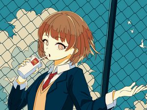 Preview wallpaper girl, schoolgirl, drink, cup, anime