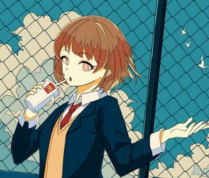 Preview wallpaper girl, schoolgirl, drink, cup, anime