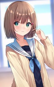 Preview wallpaper girl, schoolgirl, embarrassment, gesture, anime