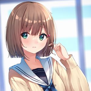 Preview wallpaper girl, schoolgirl, embarrassment, gesture, anime