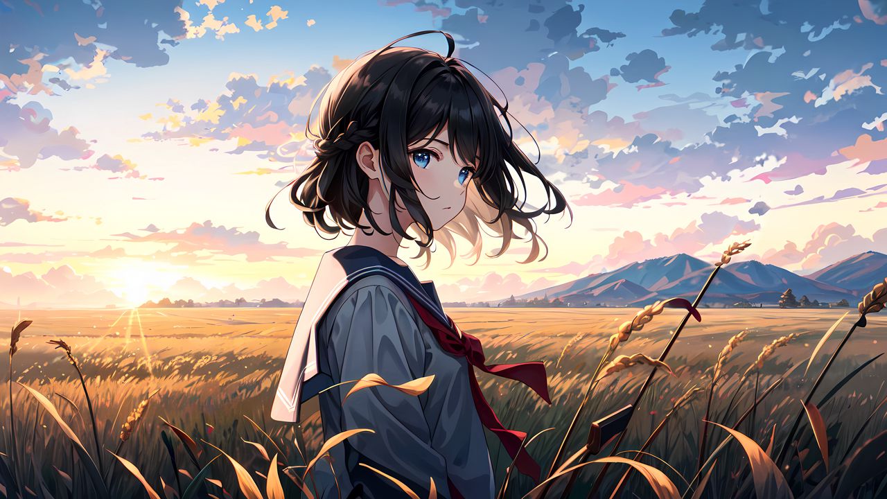 Wallpaper girl, schoolgirl, field, anime