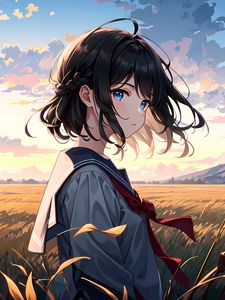 Preview wallpaper girl, schoolgirl, field, anime