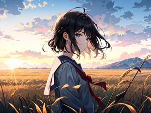 Preview wallpaper girl, schoolgirl, field, anime