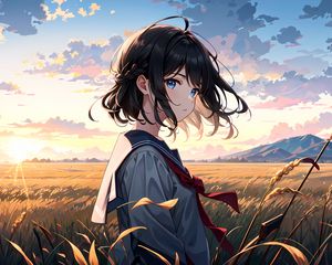 Preview wallpaper girl, schoolgirl, field, anime