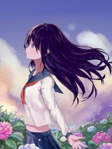 Preview wallpaper girl, schoolgirl, field, flowers, anime