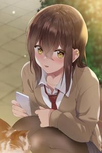 Preview wallpaper girl, schoolgirl, glance, phone, anime