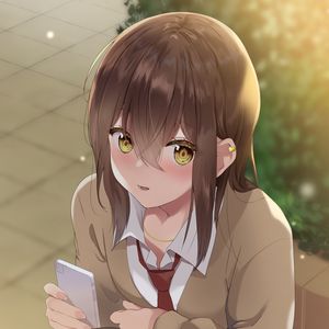 Preview wallpaper girl, schoolgirl, glance, phone, anime