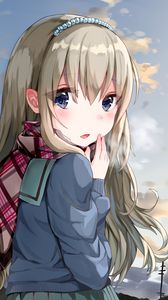 Preview wallpaper girl, schoolgirl, glance, scarf, anime