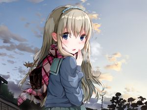 Preview wallpaper girl, schoolgirl, glance, scarf, anime