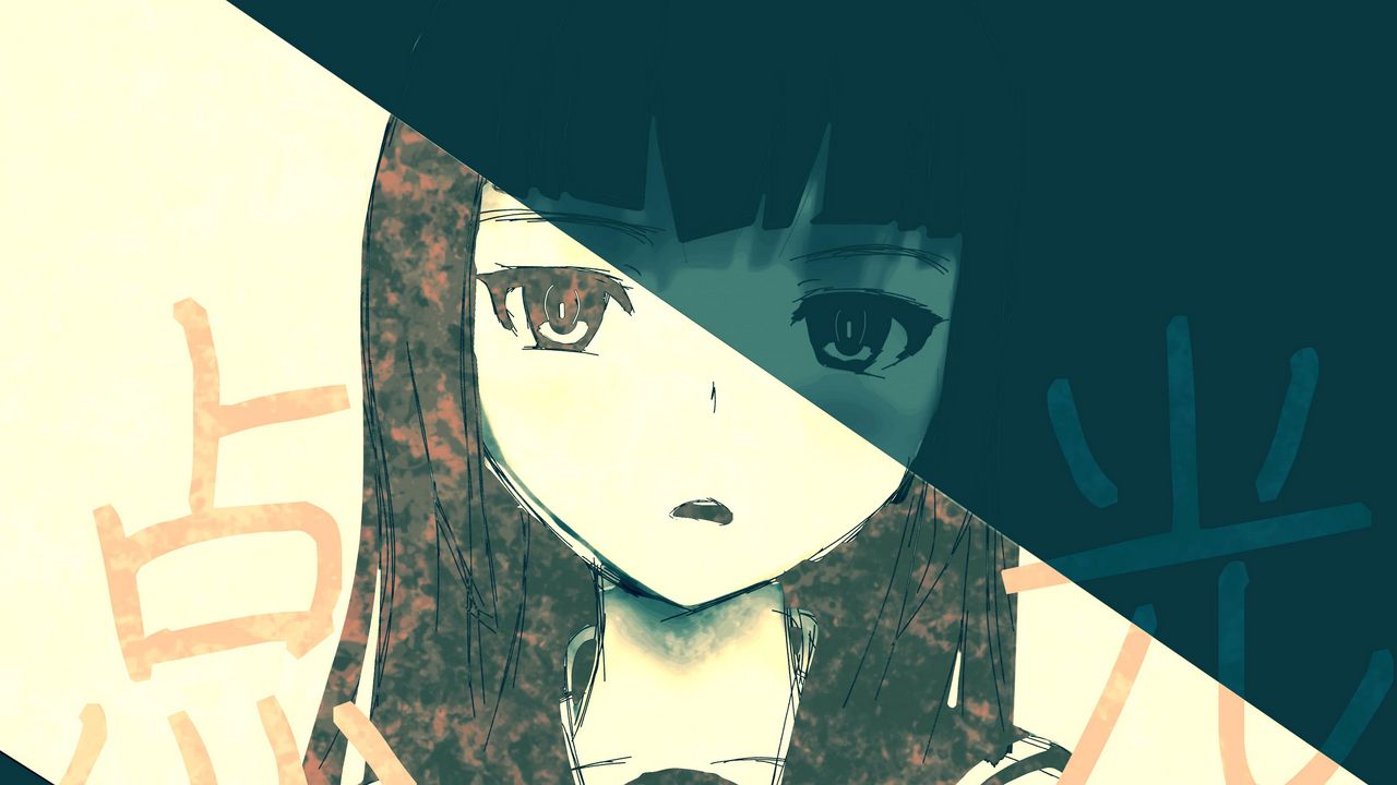 Wallpaper girl, schoolgirl, glance, hieroglyphs, anime