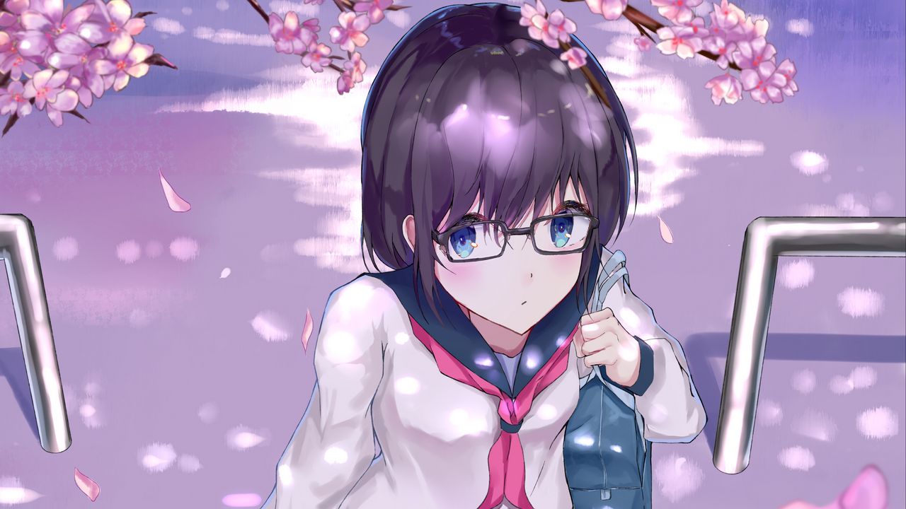 Wallpaper girl, schoolgirl, glasses, uniform, sakura, flowers, anime