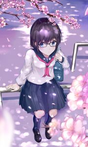Preview wallpaper girl, schoolgirl, glasses, uniform, sakura, flowers, anime
