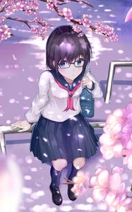 Preview wallpaper girl, schoolgirl, glasses, uniform, sakura, flowers, anime