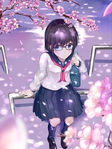 Preview wallpaper girl, schoolgirl, glasses, uniform, sakura, flowers, anime