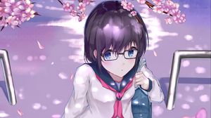 Preview wallpaper girl, schoolgirl, glasses, uniform, sakura, flowers, anime