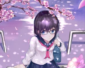 Preview wallpaper girl, schoolgirl, glasses, uniform, sakura, flowers, anime