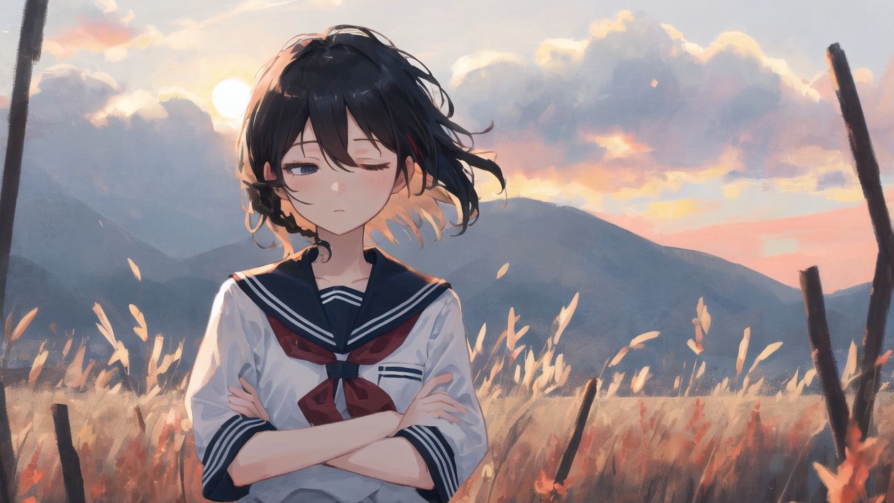Wallpaper girl, schoolgirl, grass, field, anime