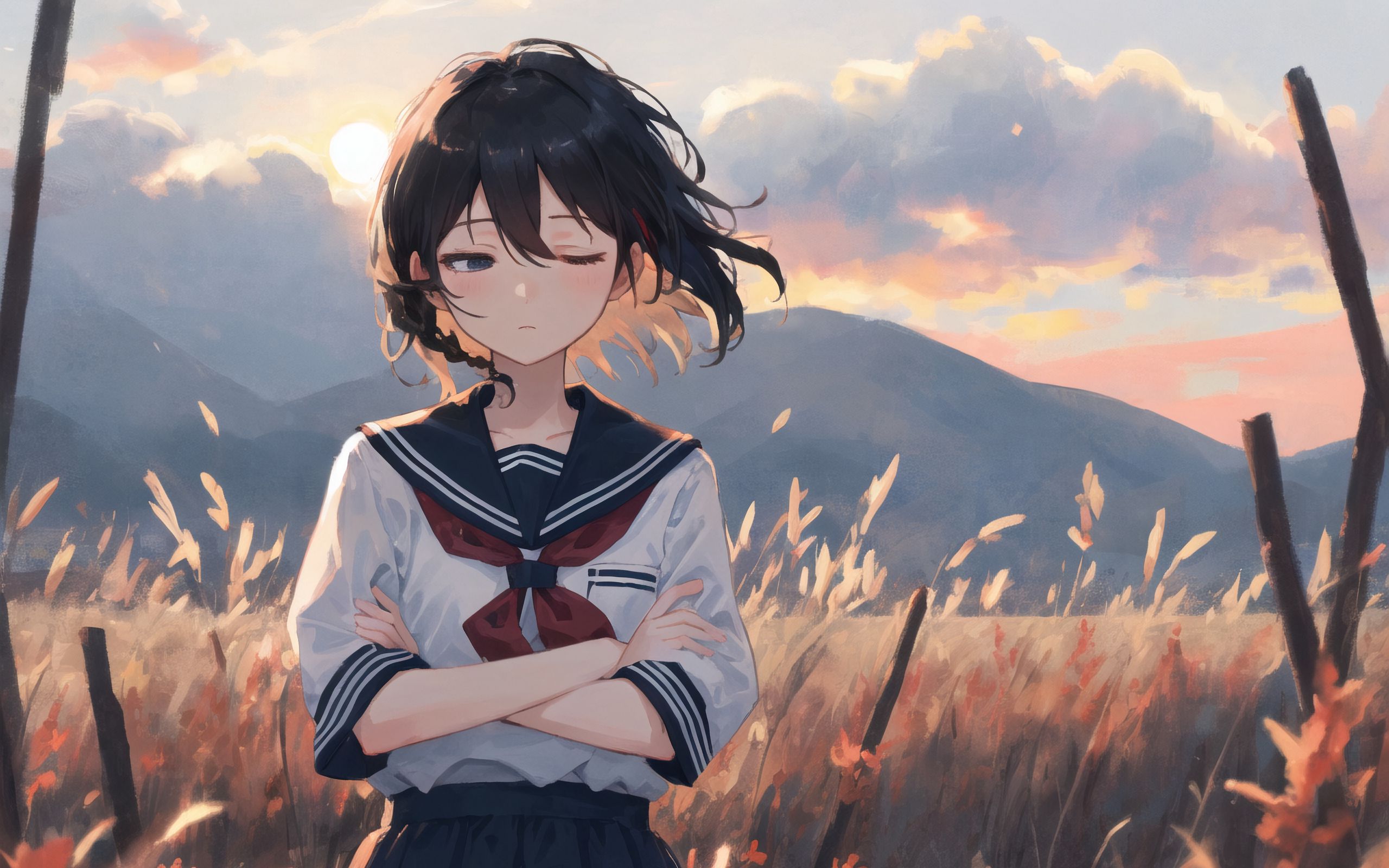 Download Wallpaper 2560x1600 Girl Schoolgirl Grass Field Anime Widescreen 1610 Hd Background 