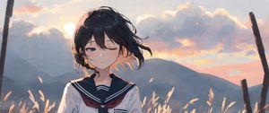 Preview wallpaper girl, schoolgirl, grass, field, anime