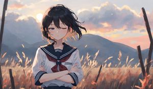 Preview wallpaper girl, schoolgirl, grass, field, anime