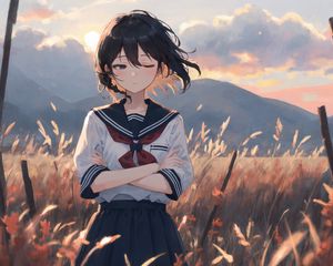 Preview wallpaper girl, schoolgirl, grass, field, anime