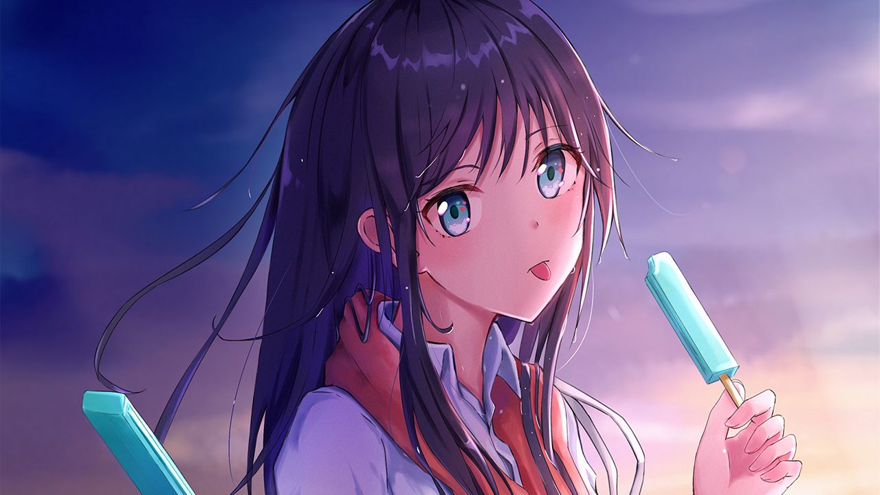 Wallpaper girl, schoolgirl, ice cream, anime